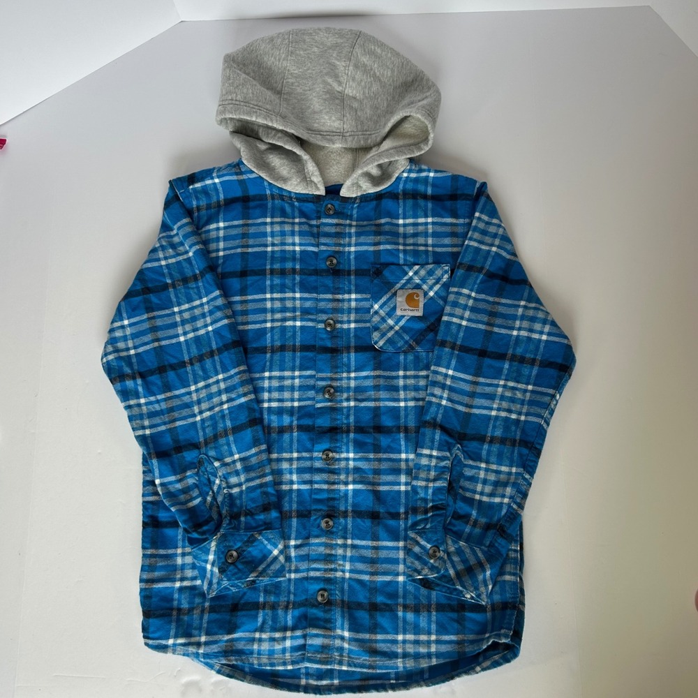 Columbia Flannel Shirt Jacket kids 10-12 Hooded Blue Plaid Button Up Long Sleeve